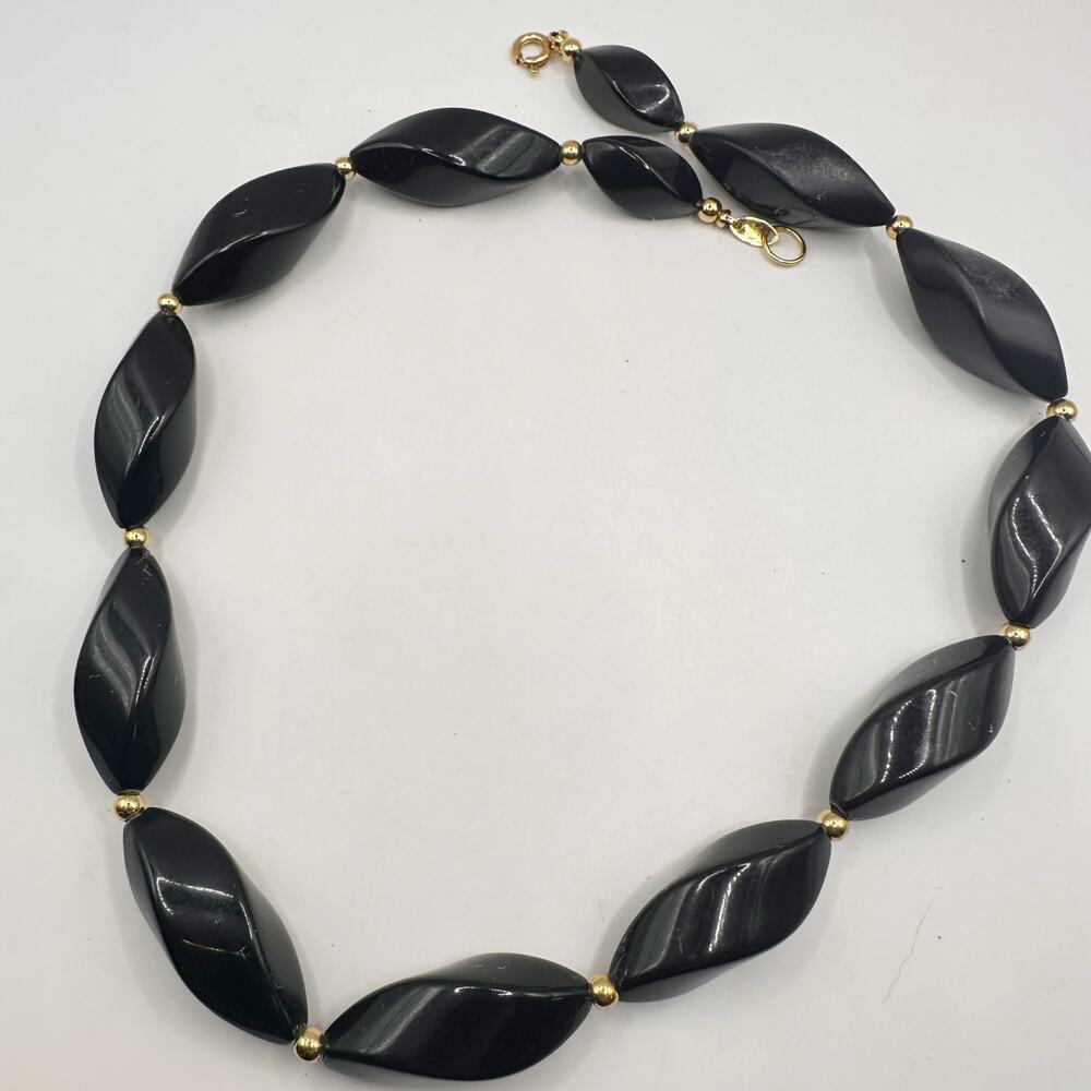 Trifari Necklace Black Gold Vintage Beaded Costume Jewelry Retro Twisted Beads